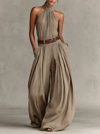 Caterina | Tuta wide leg tortora con scollo all&