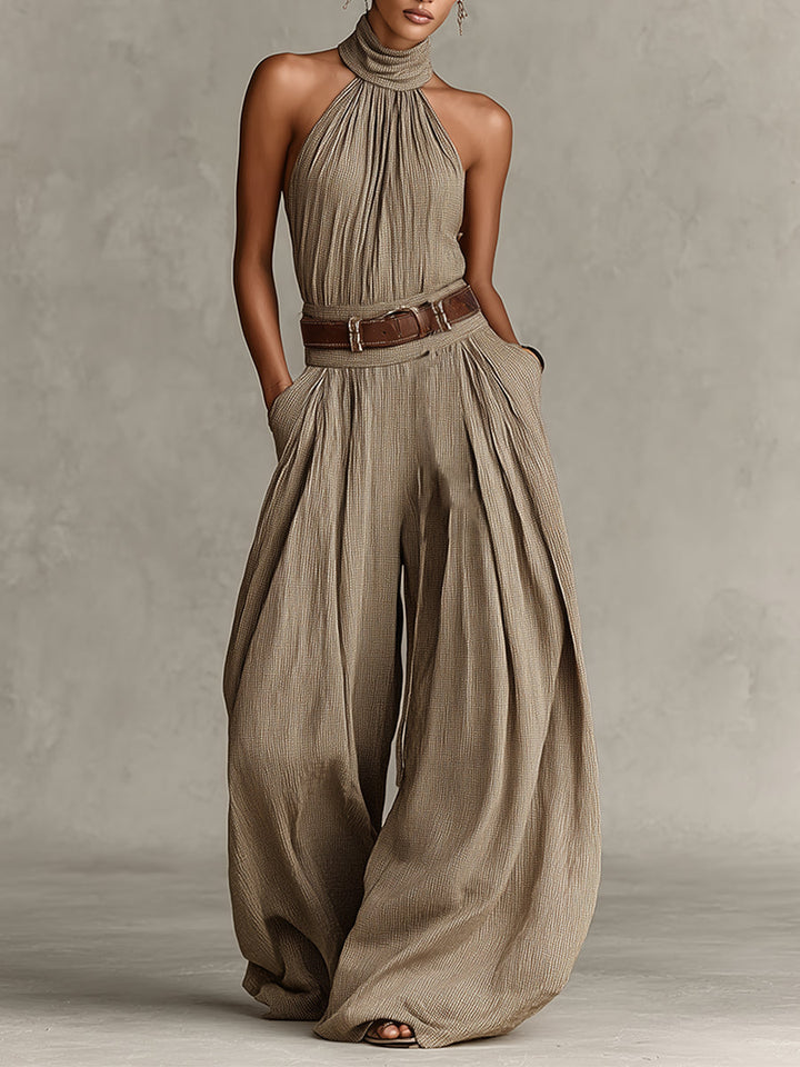 Caterina | Tuta wide leg tortora con scollo all&