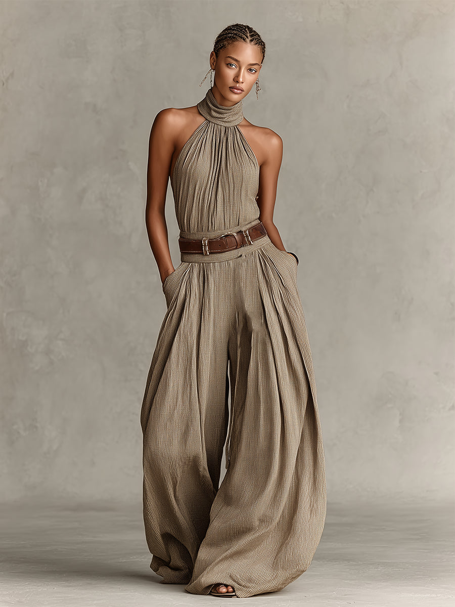 Caterina | Tuta wide leg tortora con scollo all&