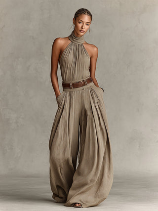 Caterina | Tuta wide leg tortora con scollo all&