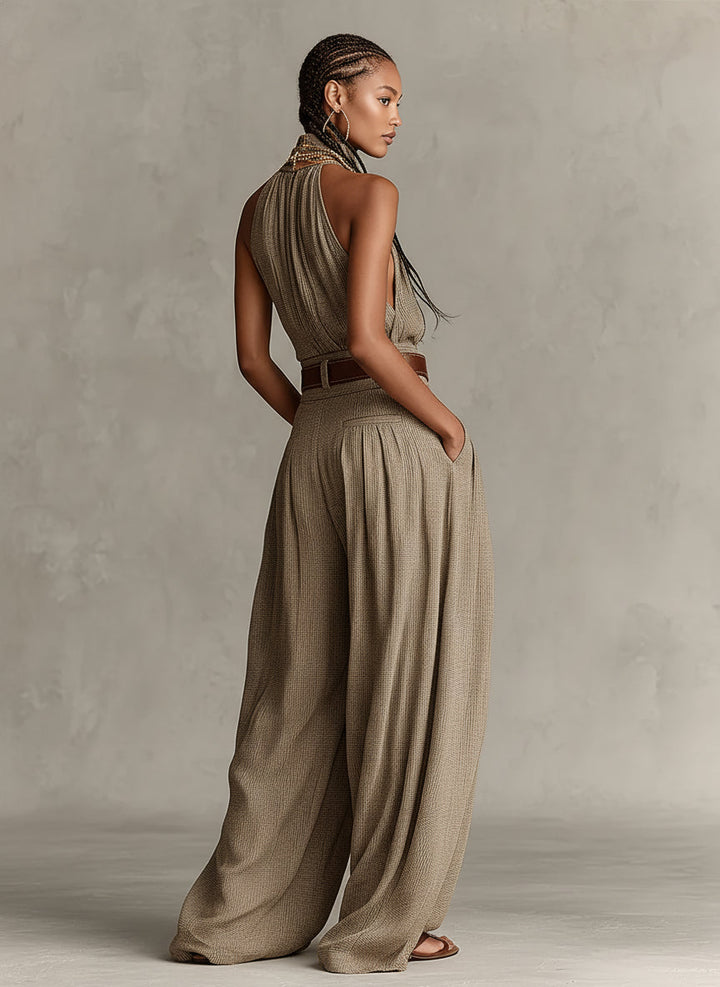 Caterina | Tuta wide leg tortora con scollo all&