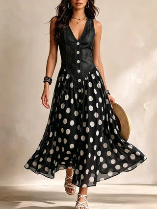Marisa abito lungo denim a pois nero