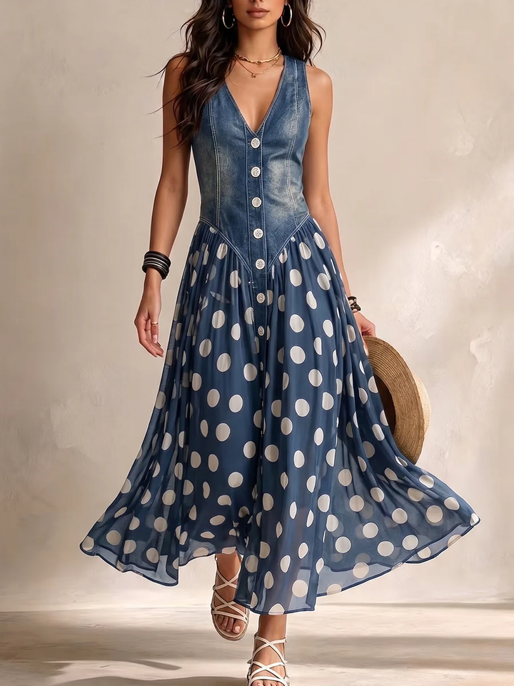 Marisa abito lungo denim a pois blu