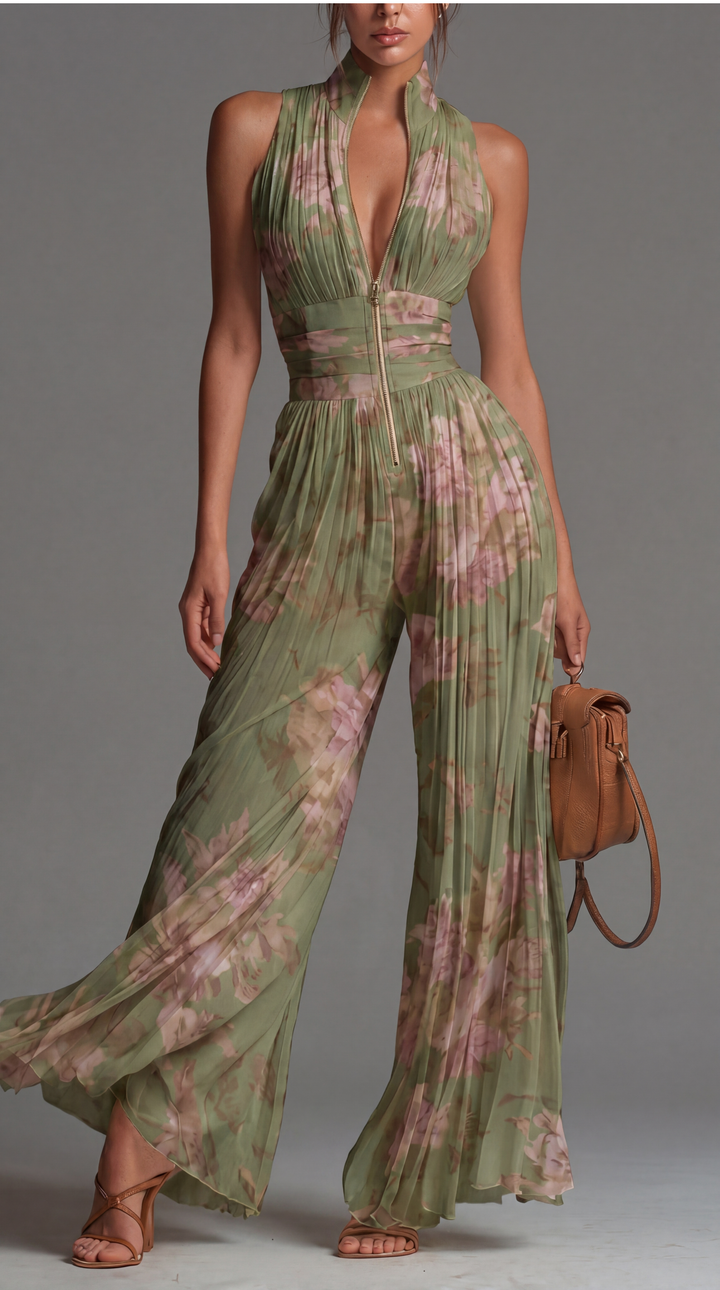 Viola | Tuta in chiffon floreale plissé dal fascino romantico e mediterraneo