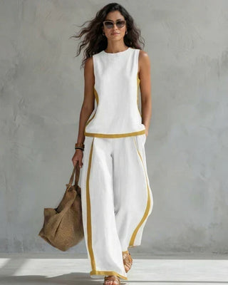 Sveva | Completo due pezzi top senza maniche e pantaloni a gamba larga con profili cuoio