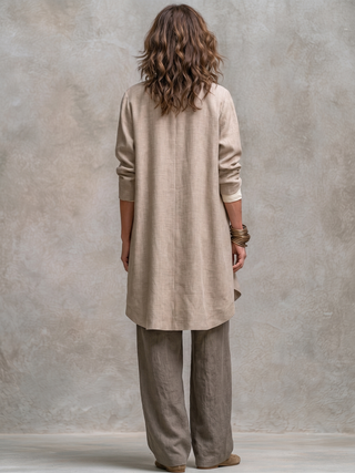Donatella | Completo tre pezzi beige-grigio con cardigan lungo e pantaloni ampi
