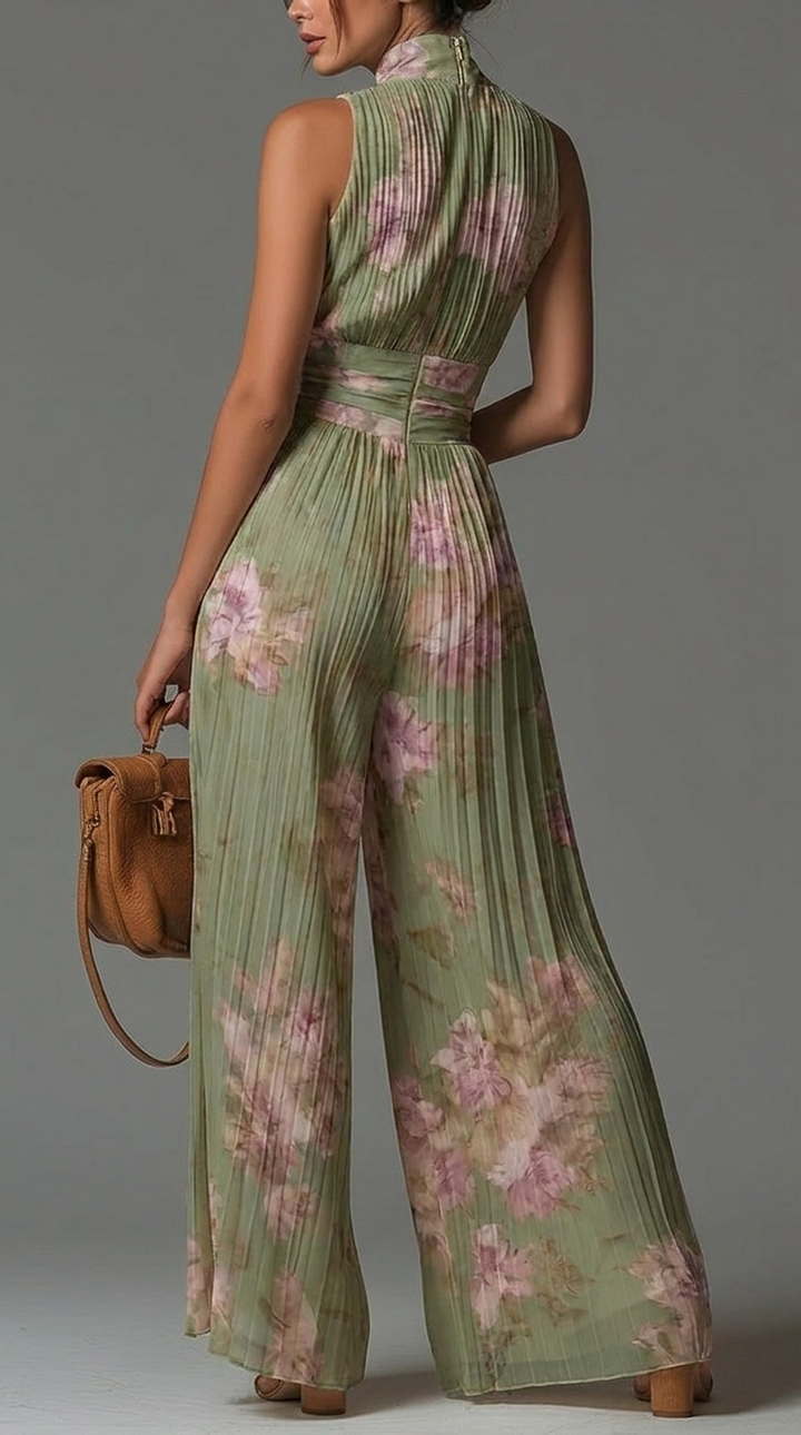 Viola | Tuta in chiffon floreale plissé dal fascino romantico e mediterraneo