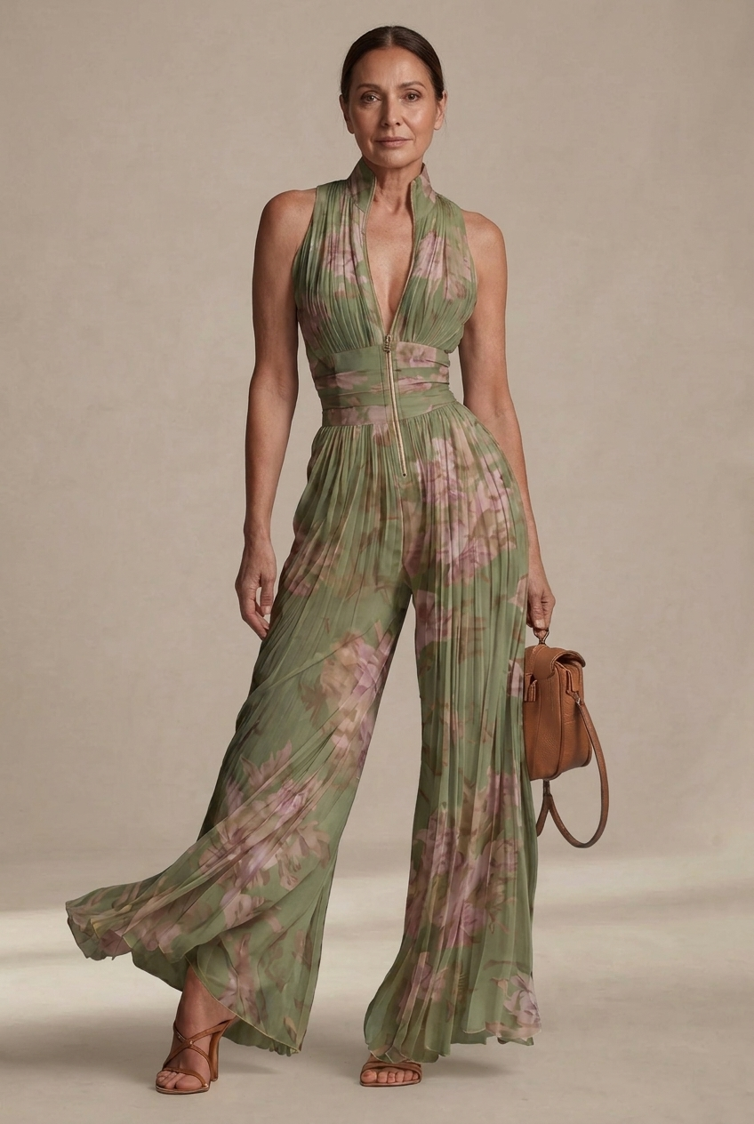 Viola | Tuta in chiffon floreale plissé dal fascino romantico e mediterraneo