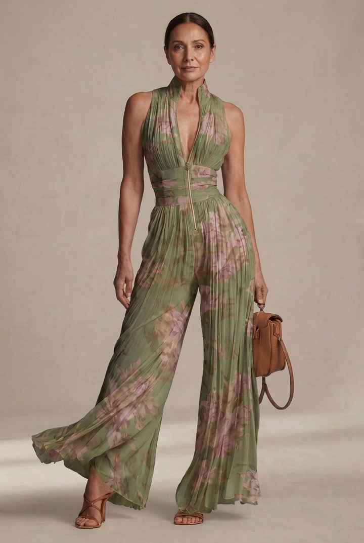 Viola | Tuta in chiffon floreale plissé dal fascino romantico e mediterraneo