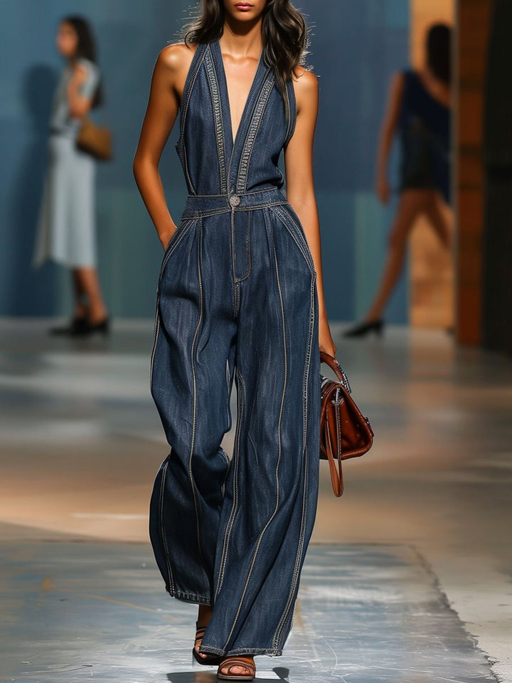 Rosella | Tuta Denim Senza Maniche Gamba Larga