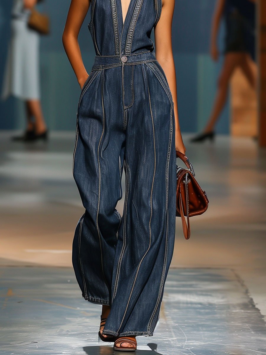 Rosella | Tuta Denim Senza Maniche Gamba Larga